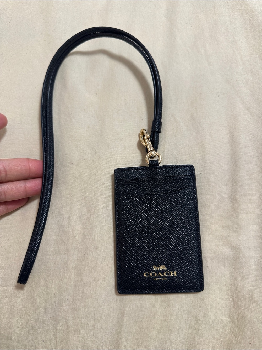 Coach Black Leather ID Lanyard with Gold Hardware